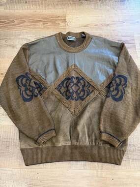 Vintage Saxony Genuine Leather Suede Trim Knit Sweater Coogie Style Grandpa